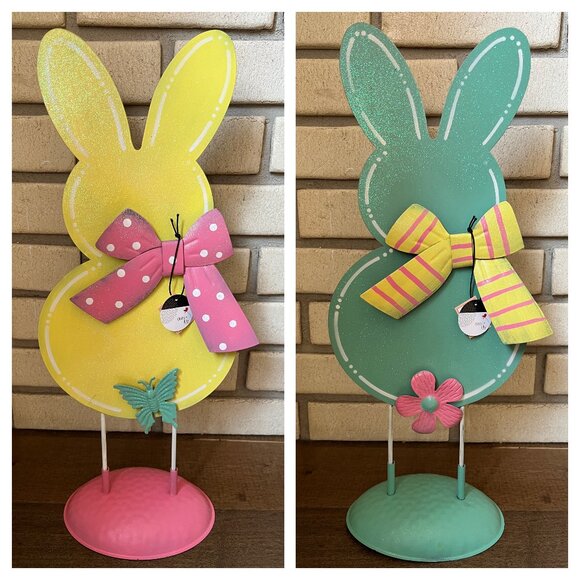 Debi Lilly Yellow Green Easter Bunny Rabbit Metal Standing Décor, 2 Qty - NWT - Picture 1 of 7